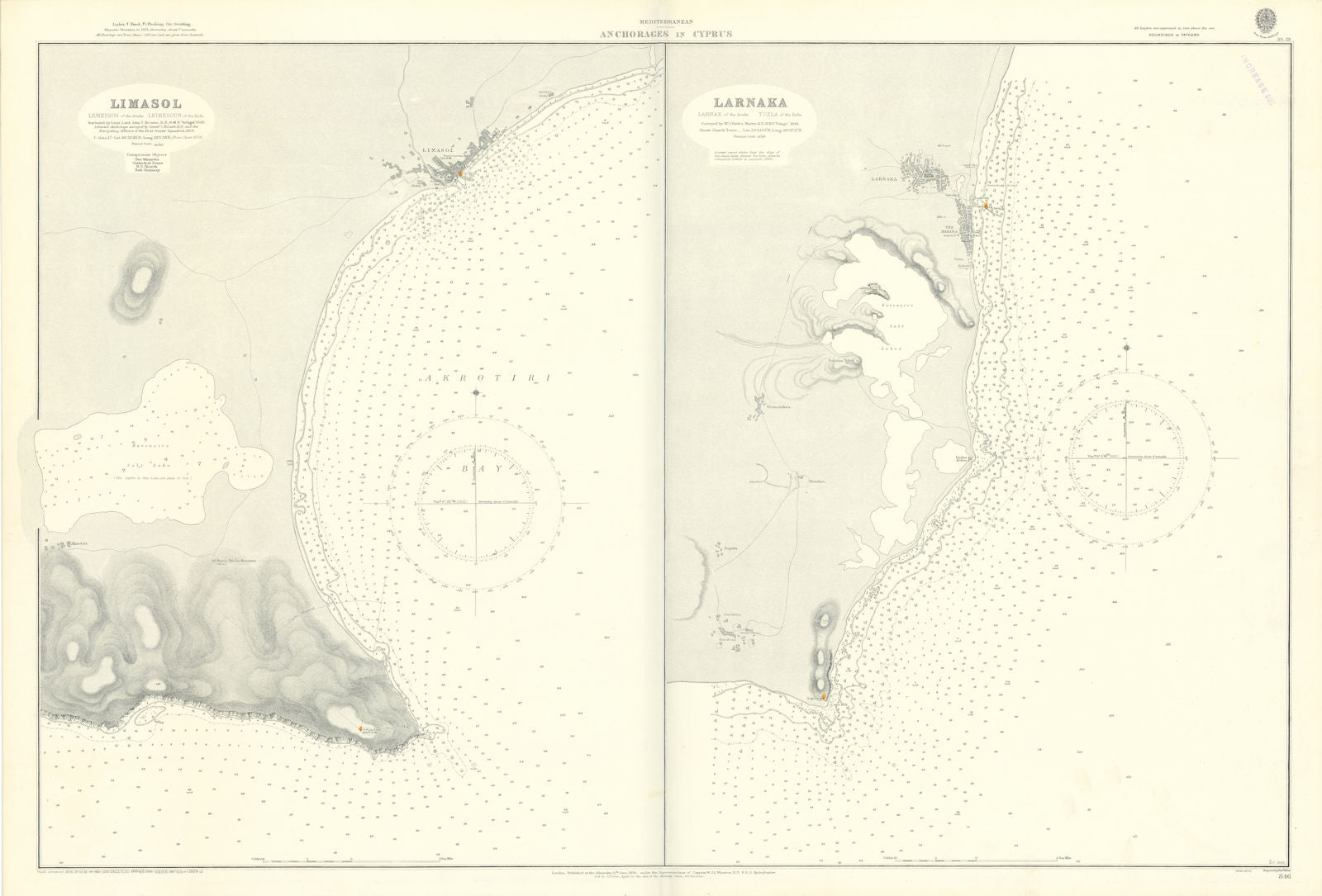 Cyprus anchorages Limassol Larnaca Akrotiri ADMIRALTY sea chart 1891 (1929) map